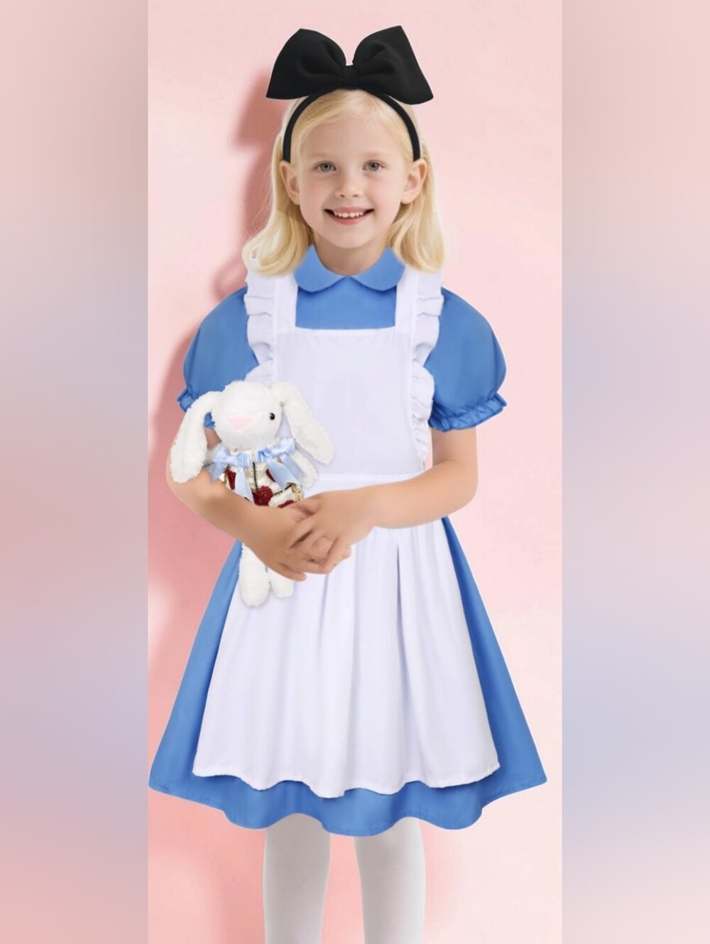 Girls Classic Blue & White Alice-Style Dress with Black Bow Headband & Rabbit